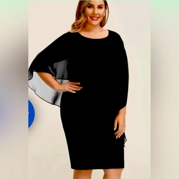 Casual Dinner Party Dress Pinup Fashion Plus Size Black Dress For Women  Funeral Cape Dress Elegant